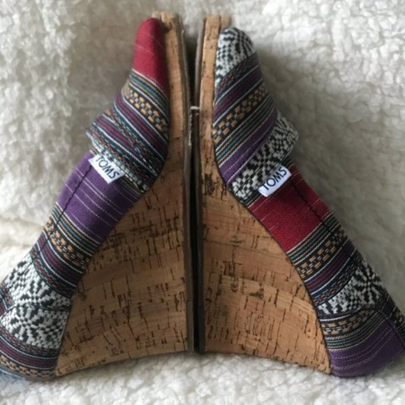 TOMS Open Toe Cork Wedges Canvas Navajo Stripe - Picture 4 of 15